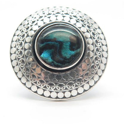 925 Sterling Silver Vintage Real Abalone Shell Dotted Wide Ring Size 6.75