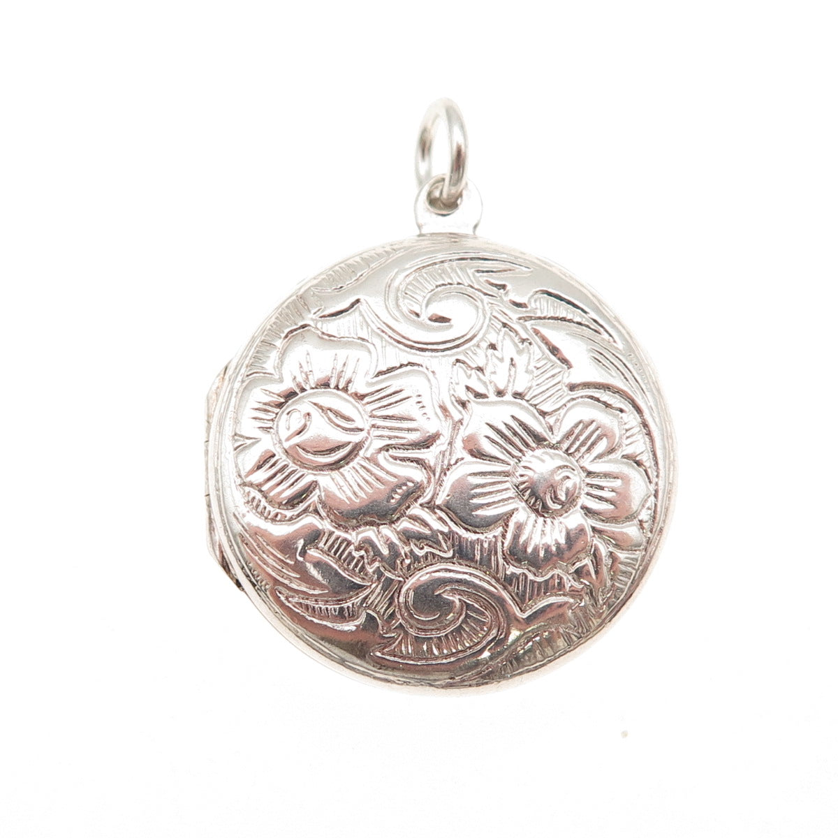 925 Sterling Silver Vintage Floral Repousse Round Locket Charm Pendant