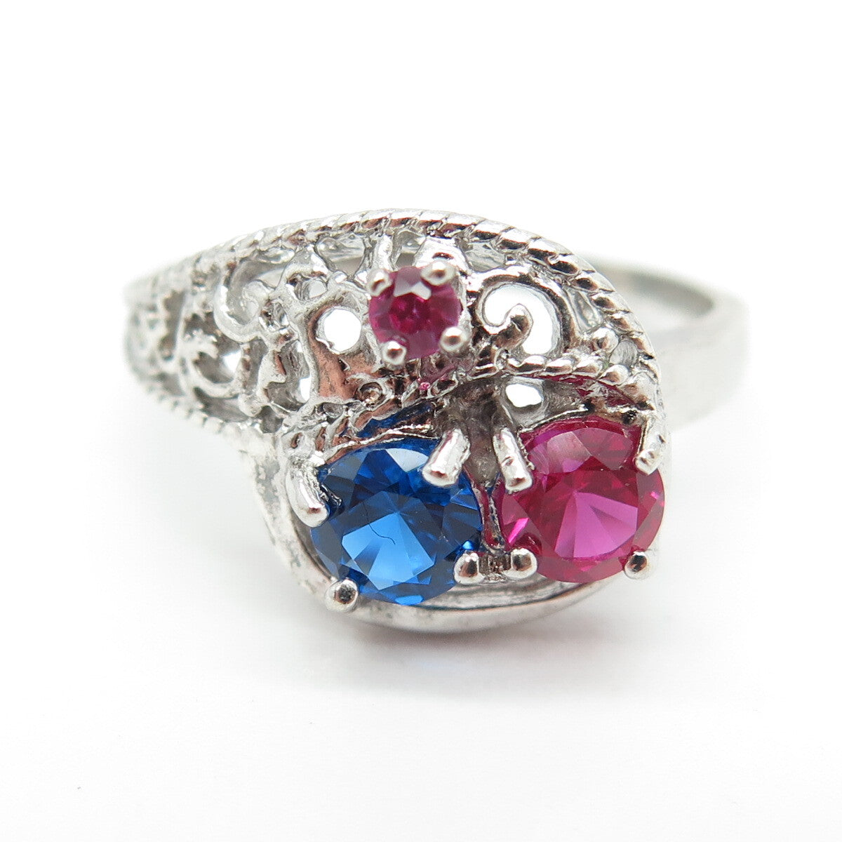 925 Sterling Silver Vintage Lab-Created Pink Sapphire & Blue C Z Ring Size 9