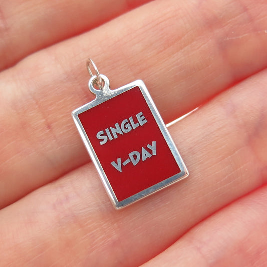 925 Sterling Silver Red Enamel Single V-Day Minimalist Charm Pendant