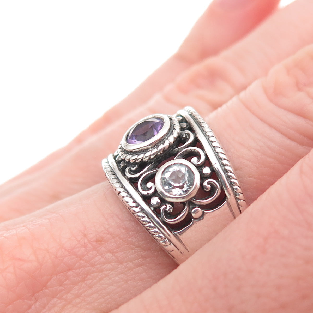 Pranda Sterling Silver Vintage Real Amethyst Peridot & Blue Topaz Ring Size 7.25