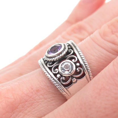 Pranda Sterling Silver Vintage Real Amethyst Peridot & Blue Topaz Ring Size 7.25