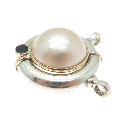 14K Gold Sterling Silver Vintage Pearl & Sapphire Modernist Centerpiece Pendant