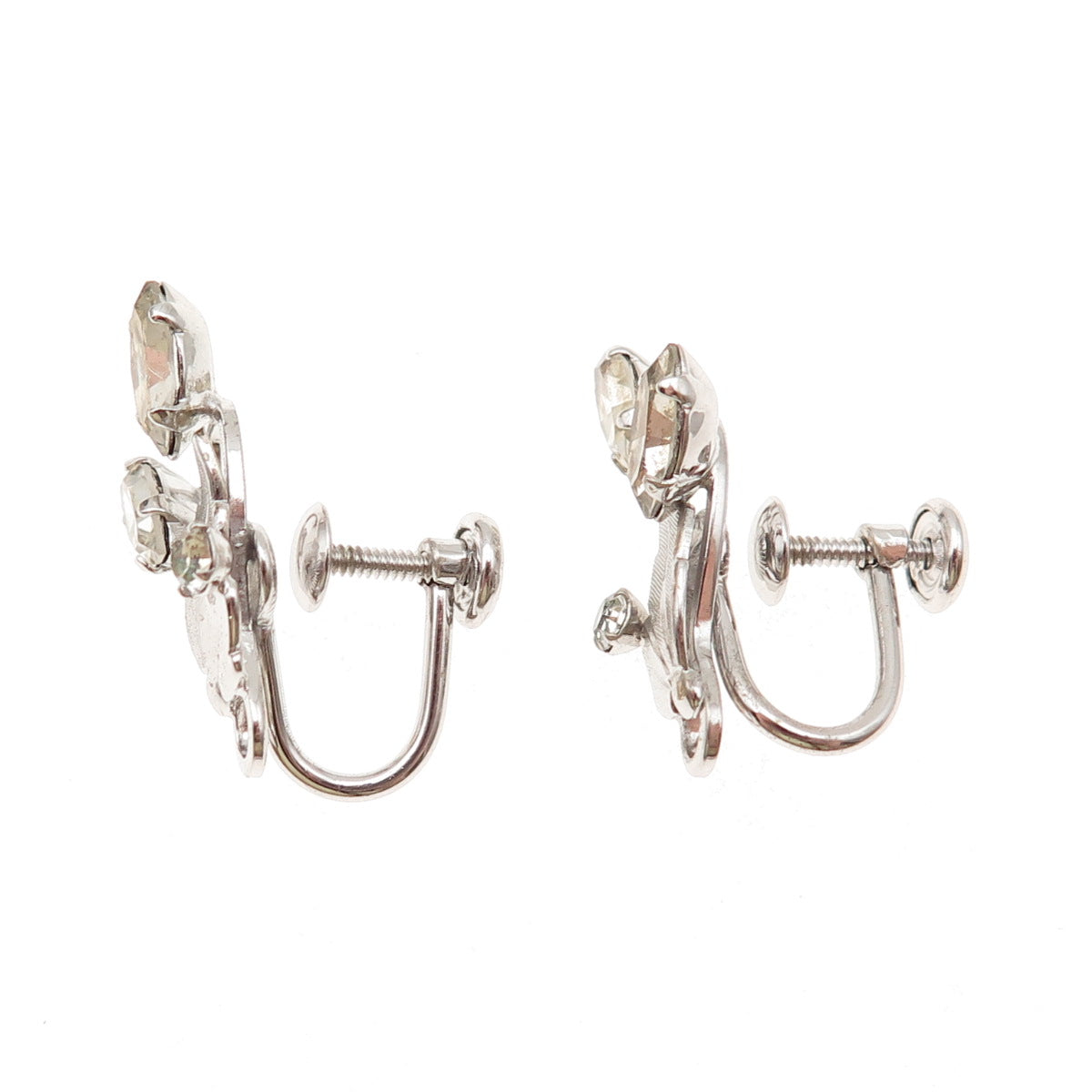 Van Dell Sterling Silver Antique Art Deco Rhinestone Floral Screw Back Earrings