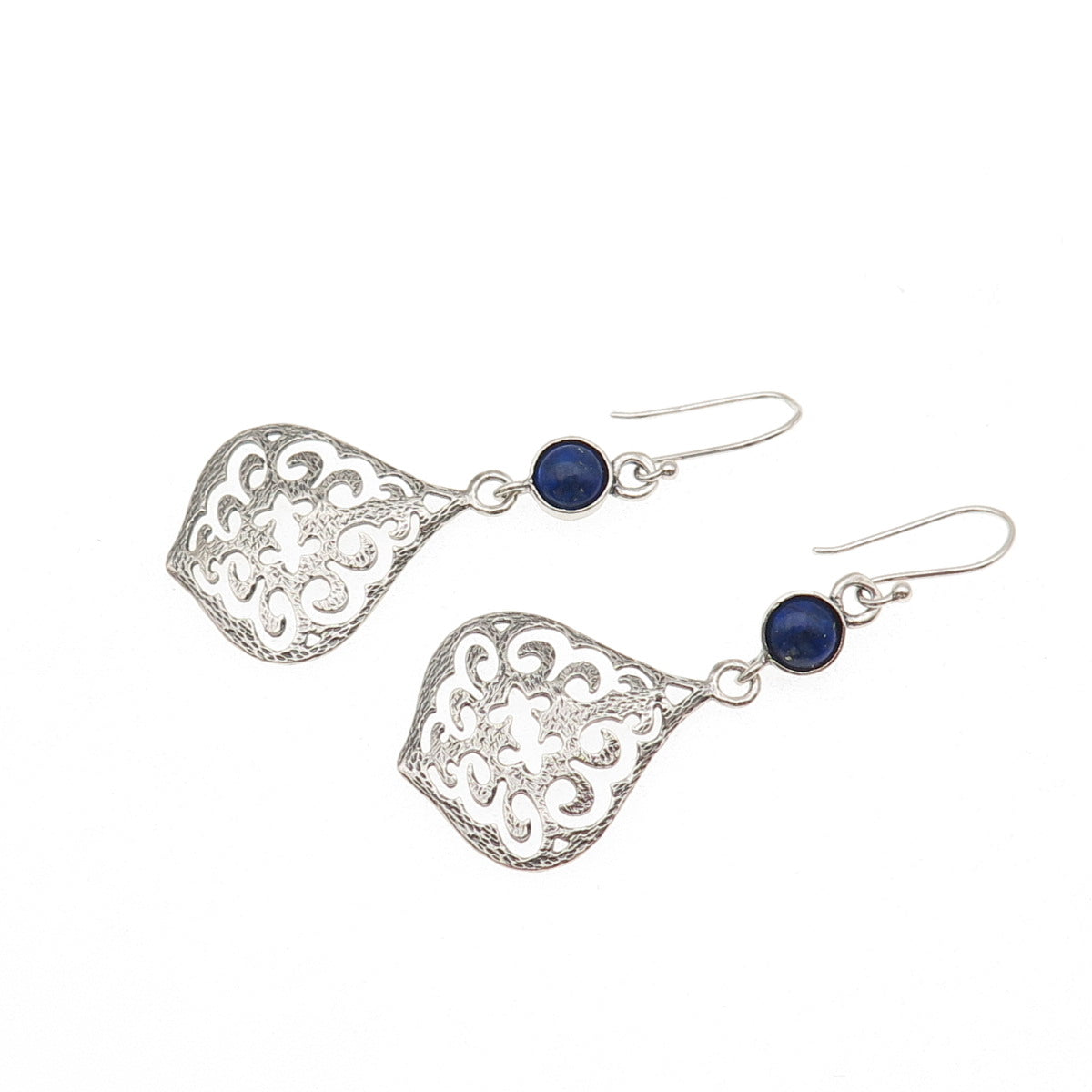 925 Sterling Silver Vintage Real Lapis Lazuli Ornate Dangle Earrings