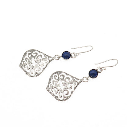 925 Sterling Silver Vintage Real Lapis Lazuli Ornate Dangle Earrings