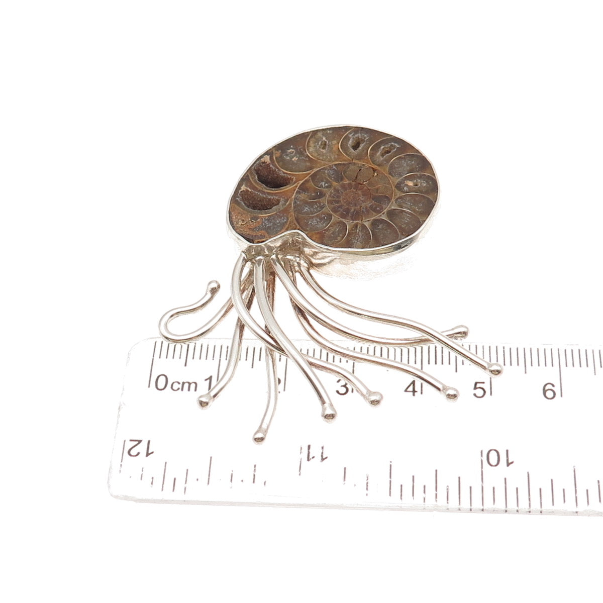 P.M. DESIGNS 925 Sterling Silver Vintage Real Ammonite Fossil Modernist Pendant