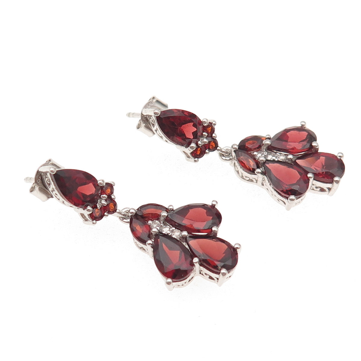 Chuck Clemency 925 Sterling Silver Real Red Garnet & White Topaz Dangle Earrings