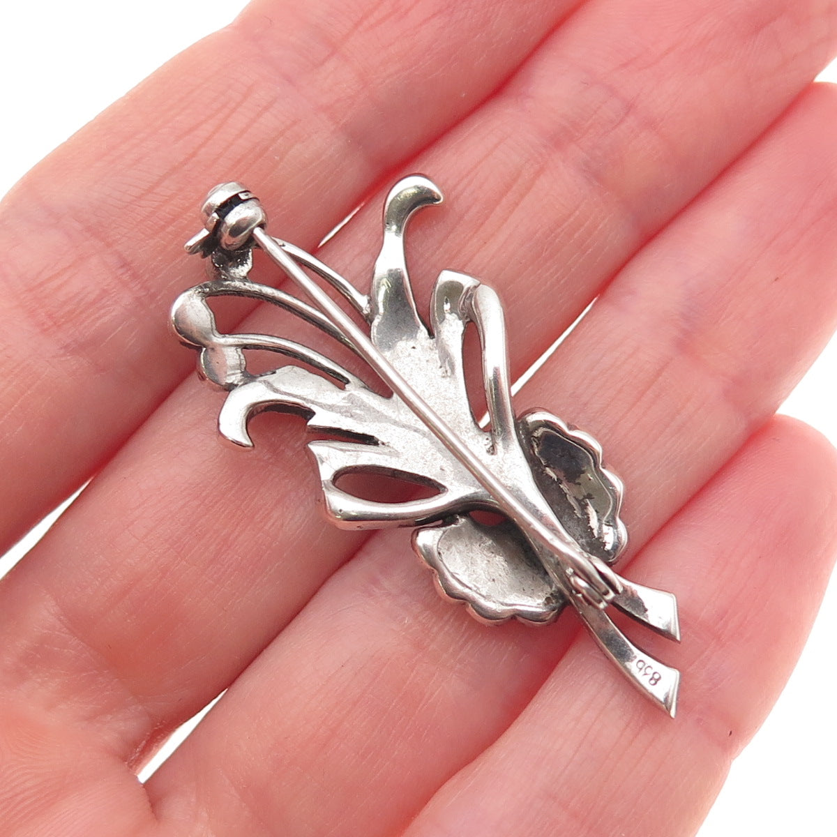 835 Silver Antique Art Deco Real Marcasite Floral Oxidized Pin Brooch