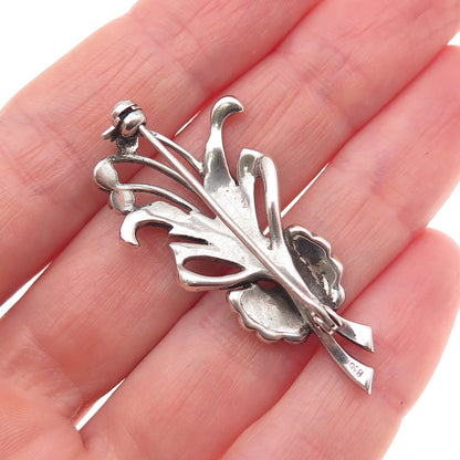 835 Silver Antique Art Deco Real Marcasite Floral Oxidized Pin Brooch