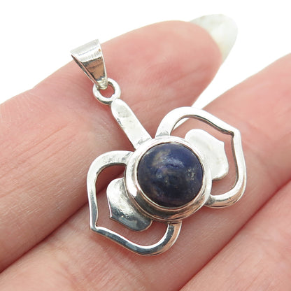 925 Sterling Silver Vintage Real Lapis Lazuli Modernist Floral Pendant