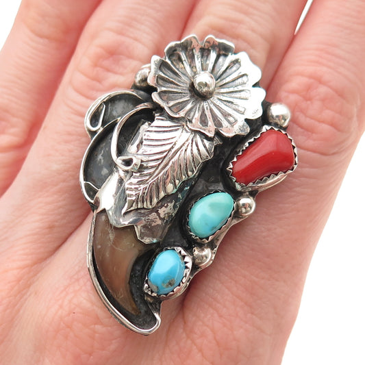 Old Pawn 925 Sterling Vintage Turquoise Coral Flower & Feather Ring Size 7.75