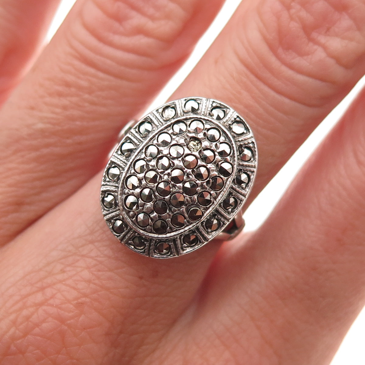 Theda Sterling Antique Art Deco Marcasite Oxidized Ring Size 6.5 (missing stone)