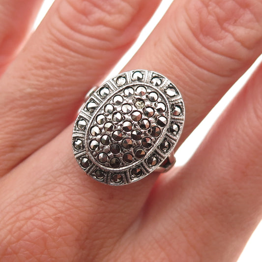 Theda Sterling Antique Art Deco Marcasite Oxidized Ring Size 6.5 (missing stone)