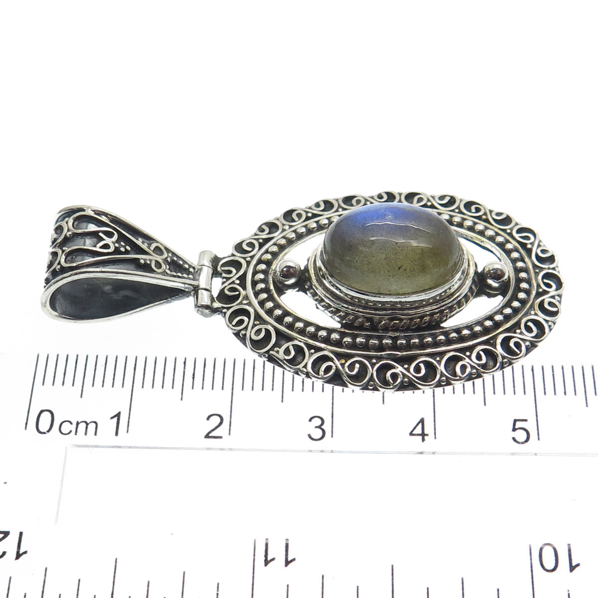 925 Sterling Silver Vintage Real Labradorite Gemstone Boho Ornate Pendant