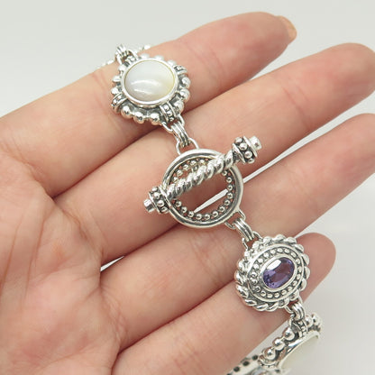 925 Sterling Silver Vintage Real Blue Topaz Amethyst & MOP Dotted Bracelet 7.5"