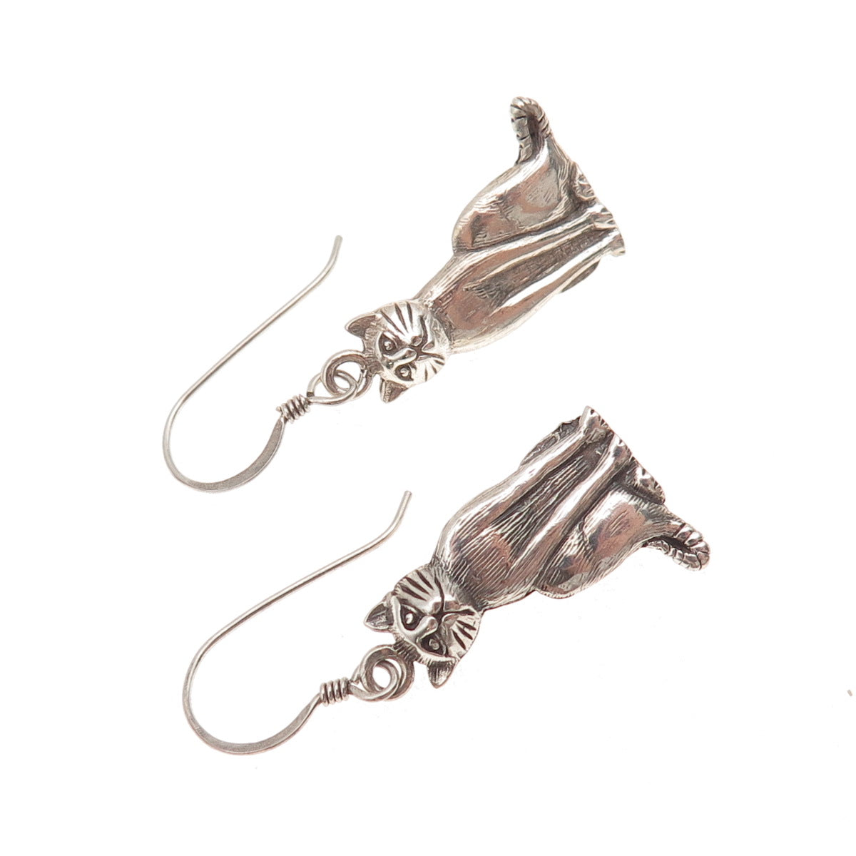 925 Sterling Silver Vintage Cat Oxidized Dangle Earrings