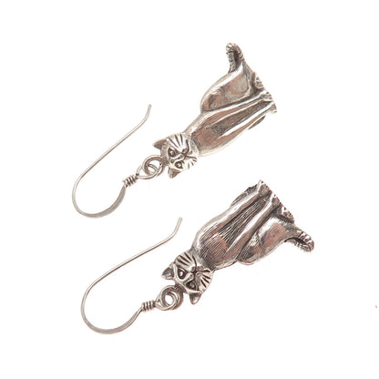 925 Sterling Silver Vintage Cat Oxidized Dangle Earrings