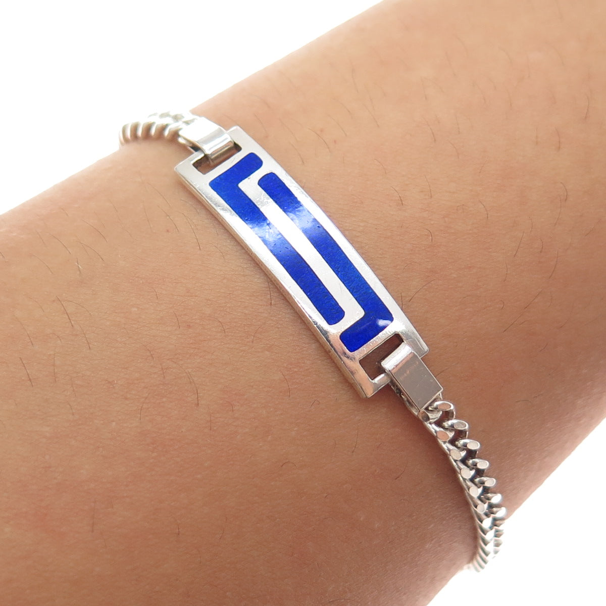 925 Sterling Silver Vintage Enamel Modernist Cuban Link ID Bracelet 6"