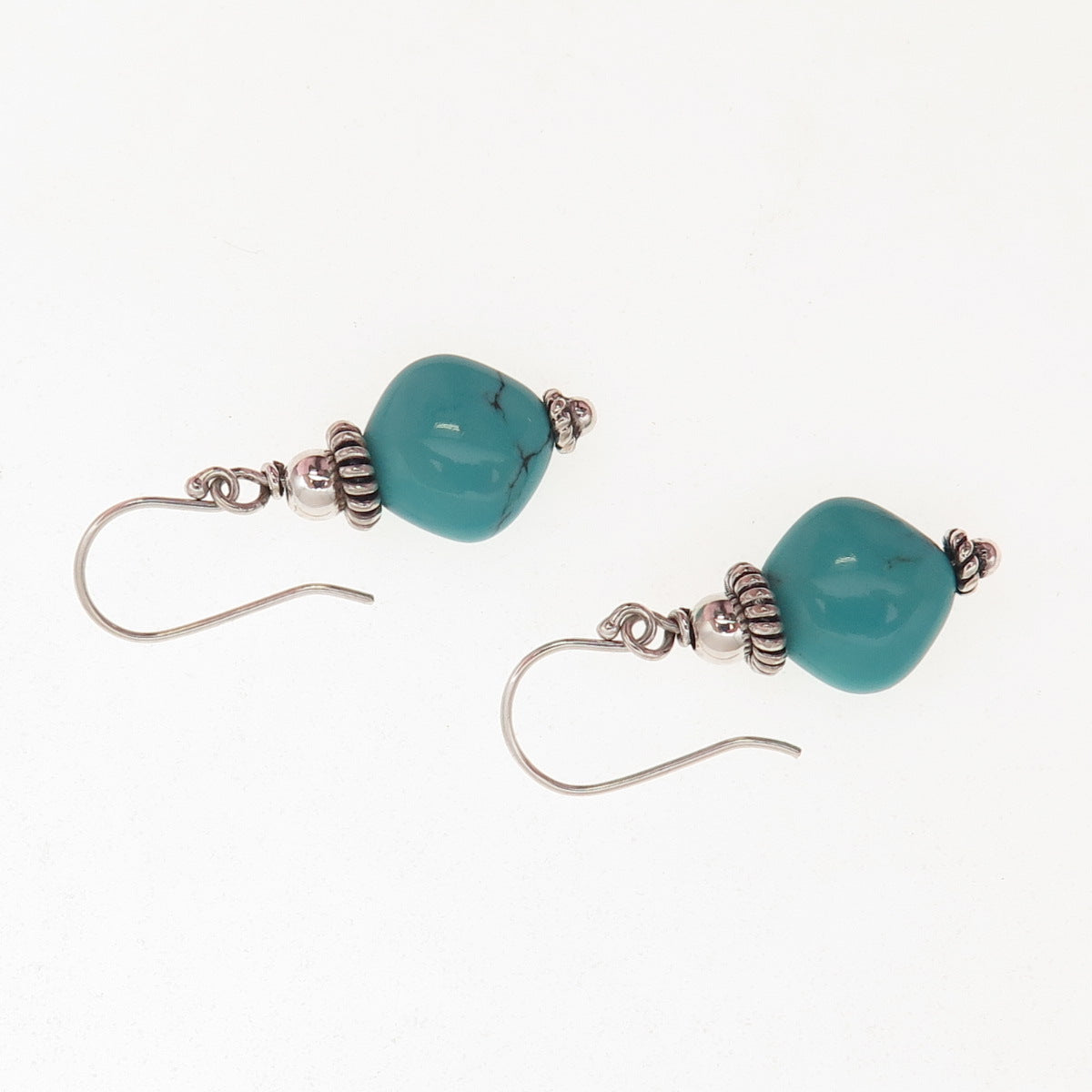 925 Sterling Silver Vintage Real Tyrone Turquoise Cannetille Dangle Earrings