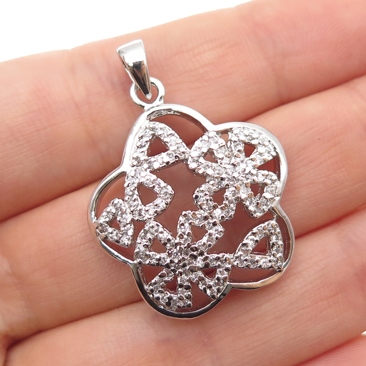 925 Sterling Silver Round-Cut C Z Flower Charm Pendant