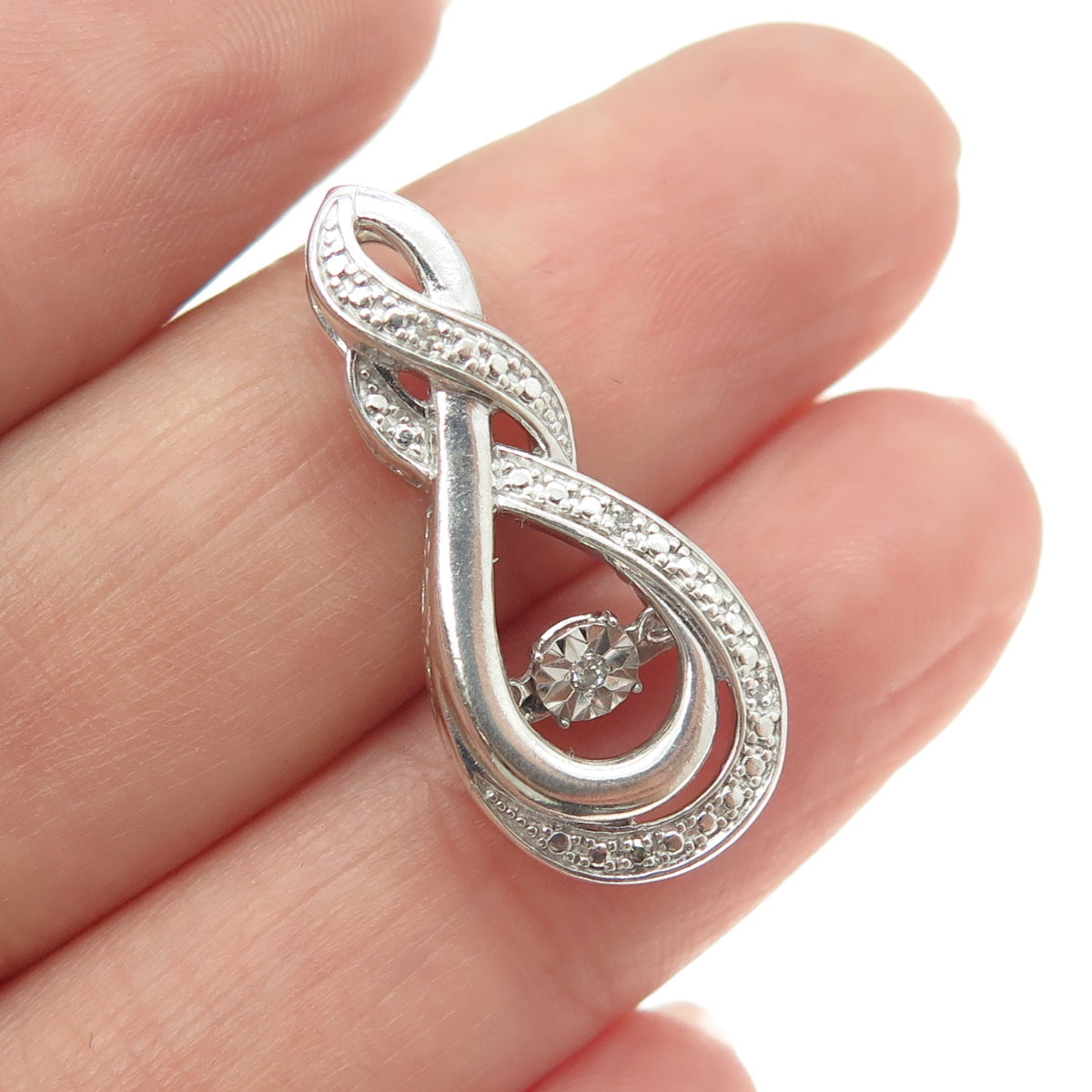 925 Sterling Silver Real Round-Cut Diamond Twisted Slide Pendant