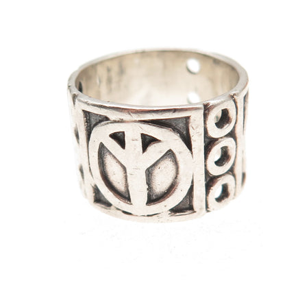 925 Sterling Silver Vintage Peace Symbol Oxidized Wide Band Ring Size 8.75