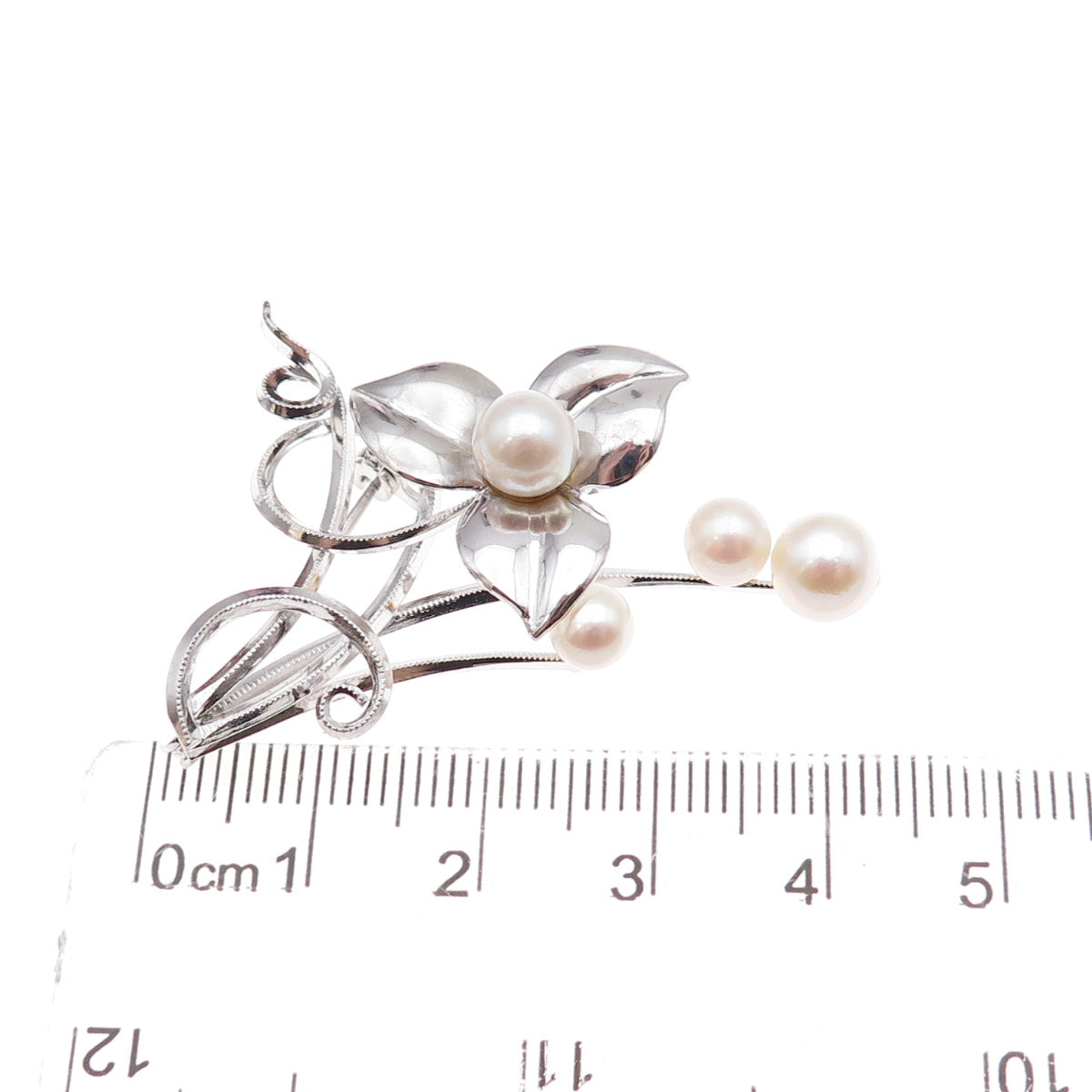 925 Sterling Silver Vintage Real Pearl Floral Pin Brooch