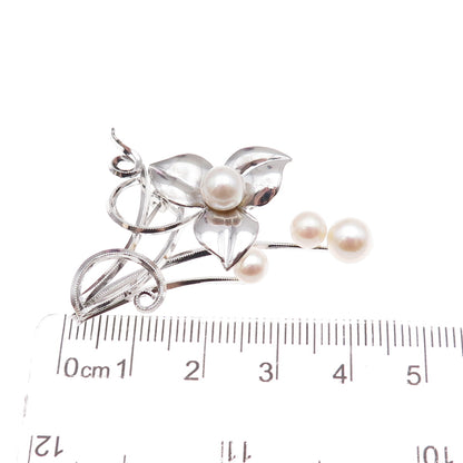 925 Sterling Silver Vintage Real Pearl Floral Pin Brooch