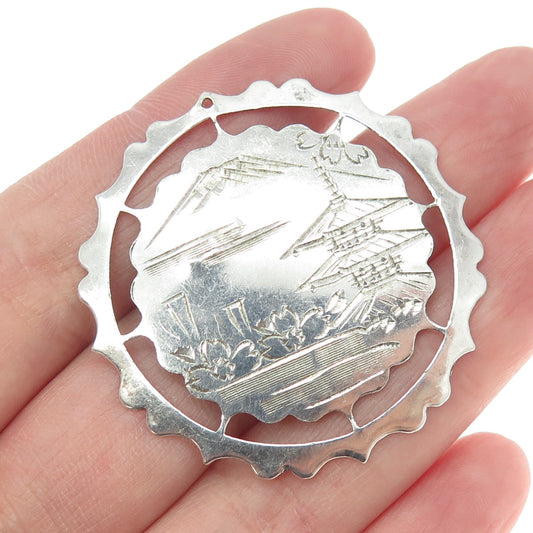 925 Sterling Silver Antique Art Deco Japan Engraved Japanese Village Pendant