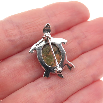 McGrath Hamin 925 Sterling Silver Vintage Real Unakite Turtle Pin Brooch