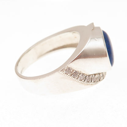 925 Sterling Silver Vintage Real Lapis & C Z Modernist Ring Size 13.5