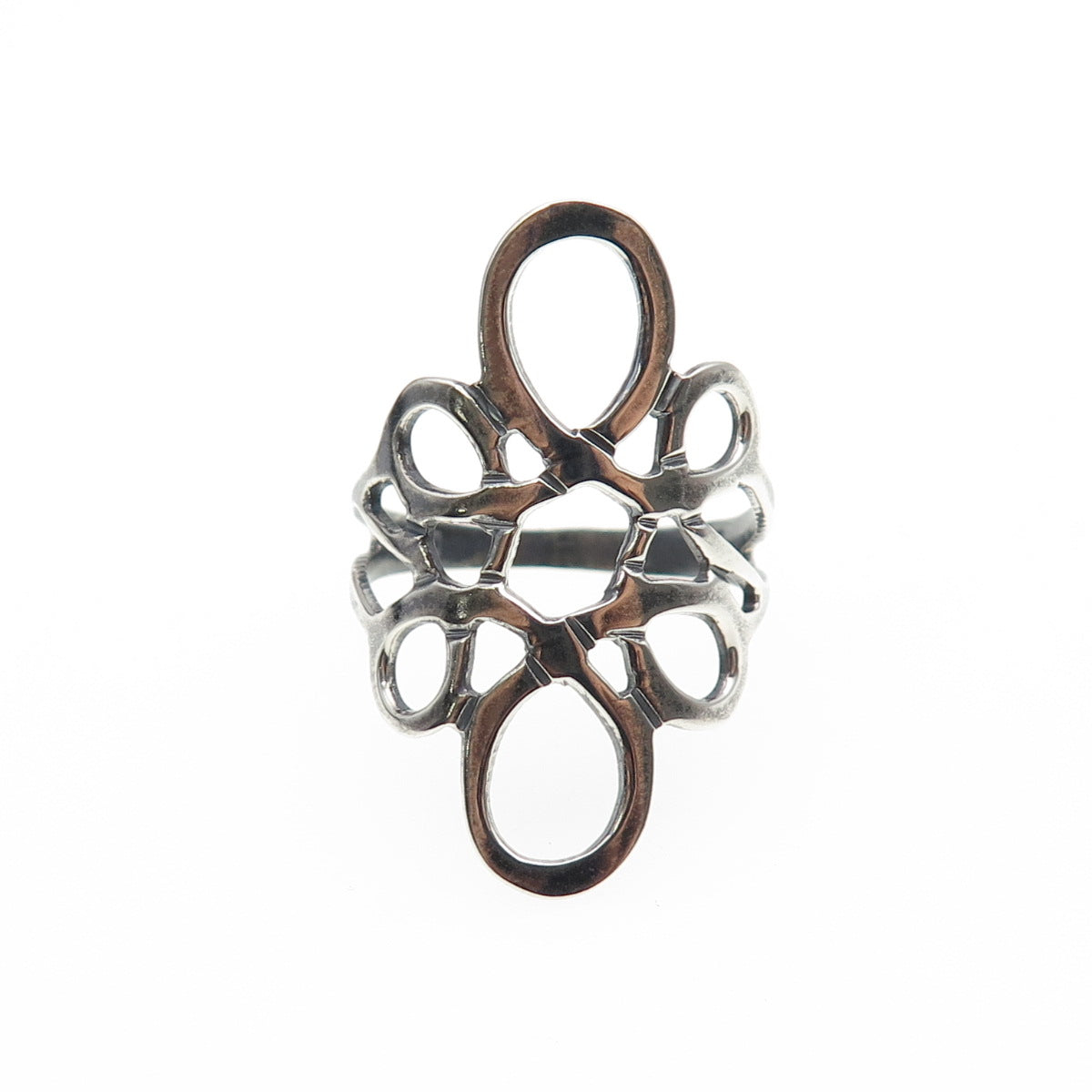 925 Sterling Silver Vintage Mexico Modernist Swirl Flower Oxidized Ring Size 7