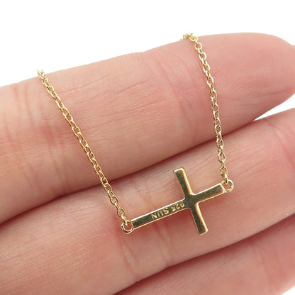 SUN Sterling Silver Gold Plated Italy Real Round-Cut Diamond Cross Necklace 18"