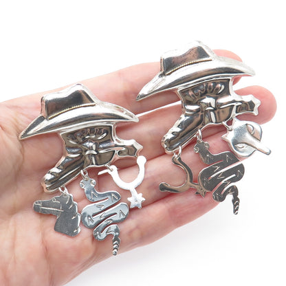 925 Sterling Silver Vintage Cowboy Hat Snake Horse Fox Dangle Earrings