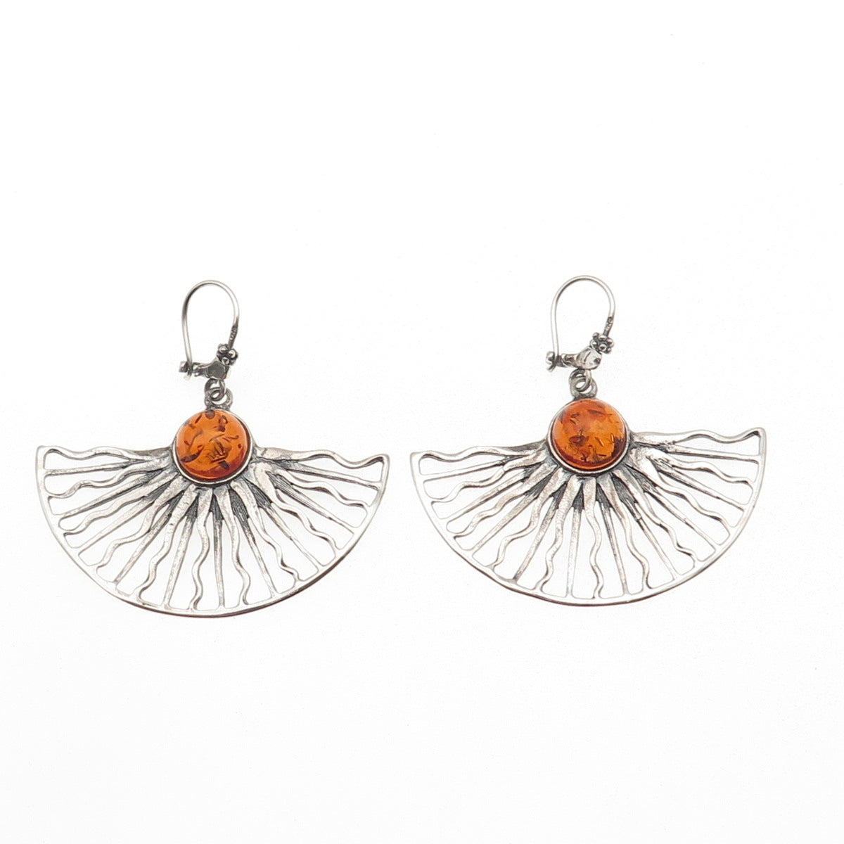 925 Sterling Silver Vintage Poland Real Amber Sun Modernist Dangle Earrings