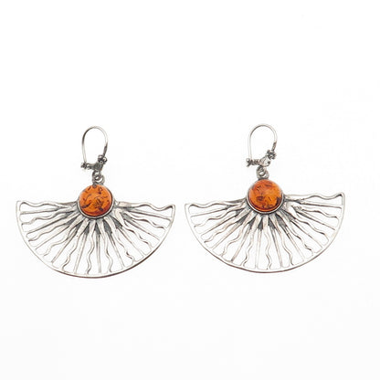 925 Sterling Silver Vintage Poland Real Amber Sun Modernist Dangle Earrings