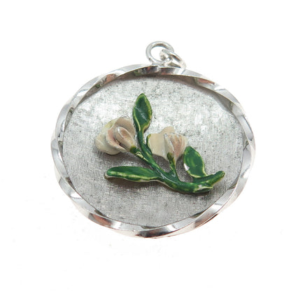 WELLS 925 Sterling Silver Vintage Enamel Flower Round Pendant