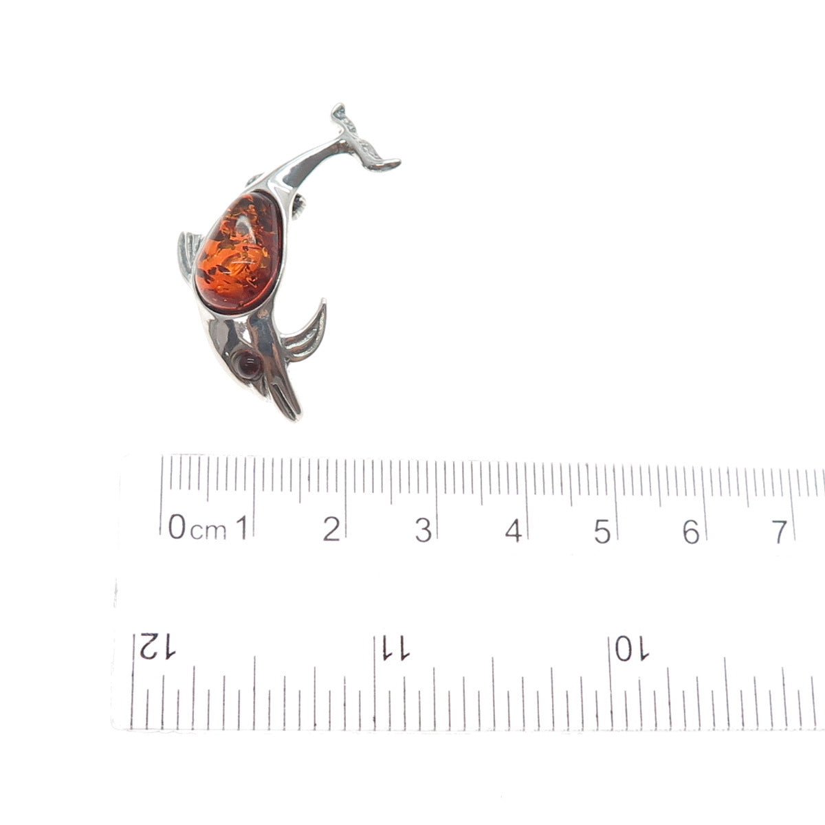 925 Sterling Silver Vintage Real Amber Dolphin Oxidized Pin Brooch