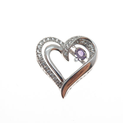 925 Sterling Silver Real Amethyst & White Topaz Heart Minimalist Slide Pendant