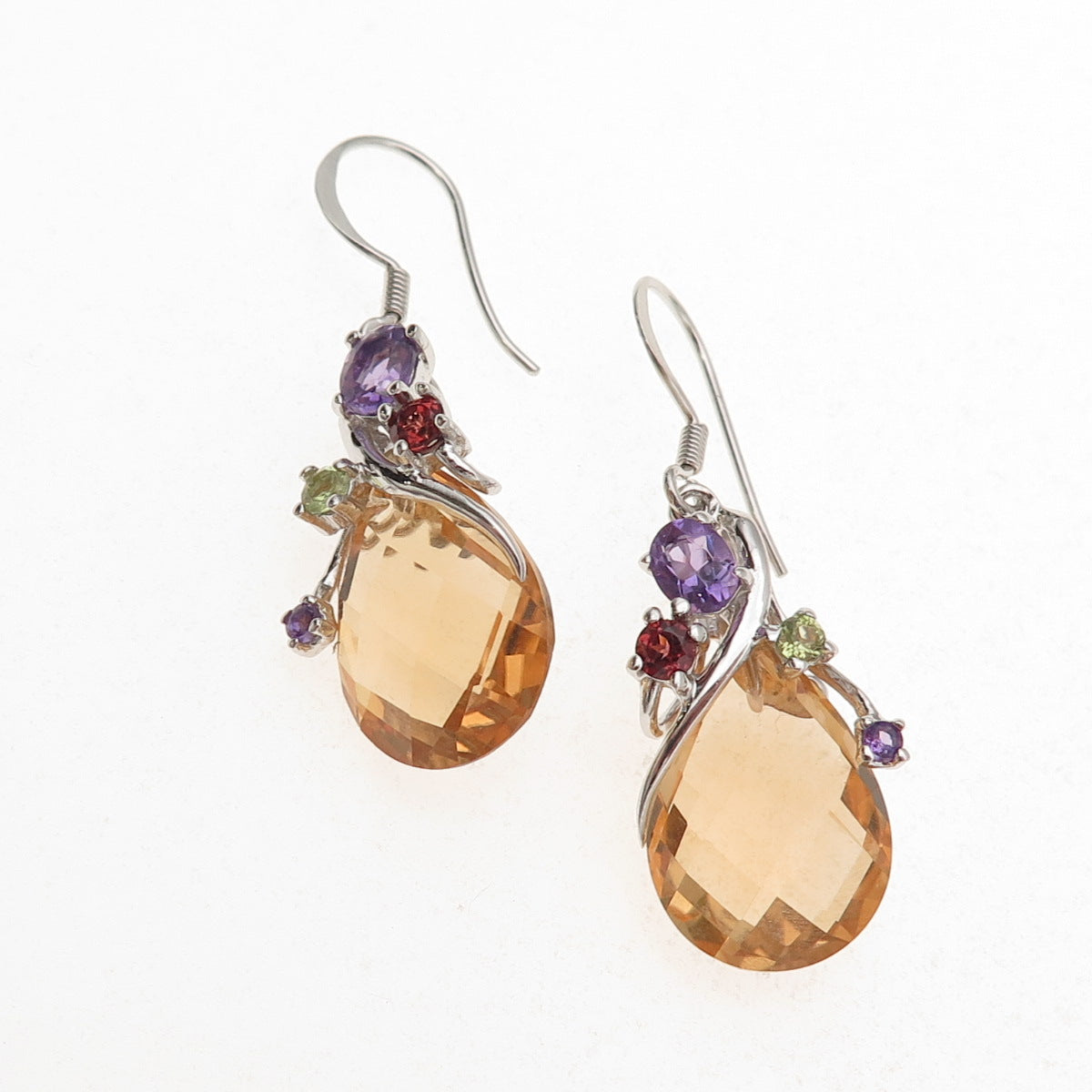 925 Sterling Silver Real Citrine Amethyst Peridot & Red Garnet Dangle Earrings