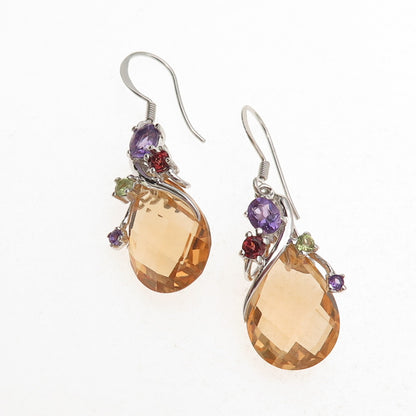 925 Sterling Silver Real Citrine Amethyst Peridot & Red Garnet Dangle Earrings