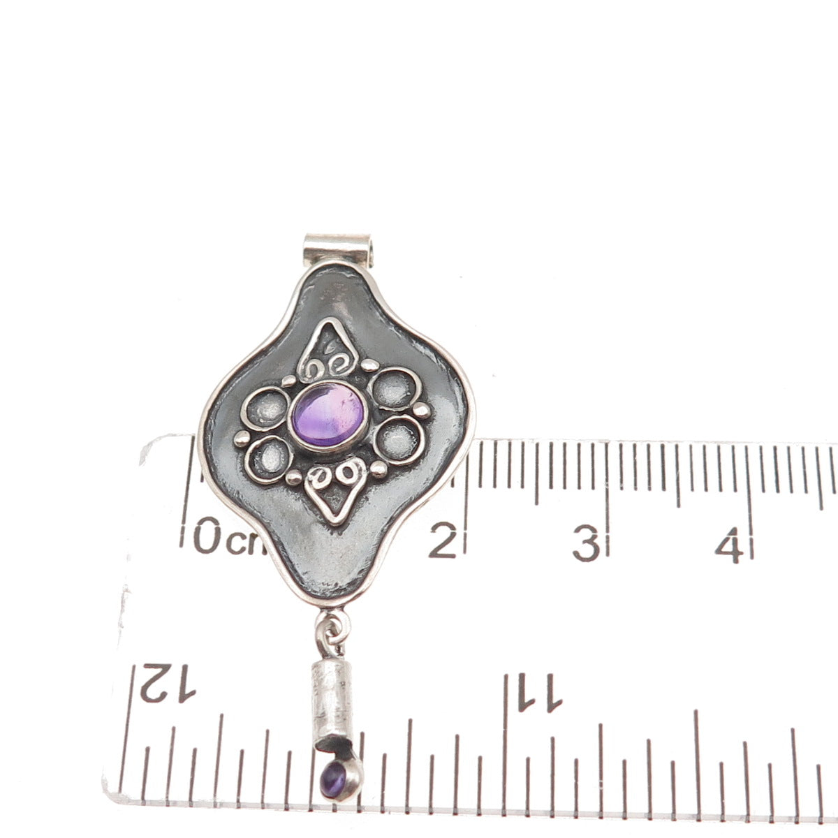 925 Sterling Silver Vintage Real Amethyst Modernist Oxidized Slide Pendant