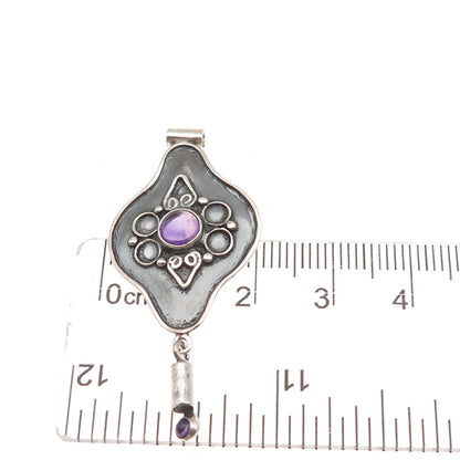 925 Sterling Silver Vintage Real Amethyst Modernist Oxidized Slide Pendant