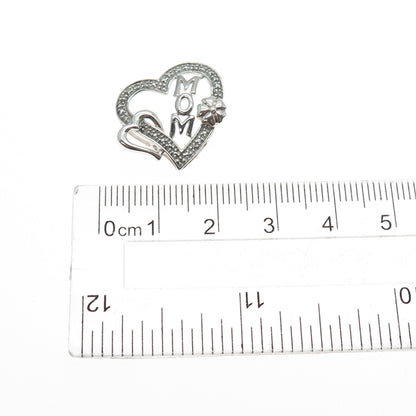 925 Sterling Silver Real Round-Cut Diamond Mom Flower Heart Mini Slide Pendant