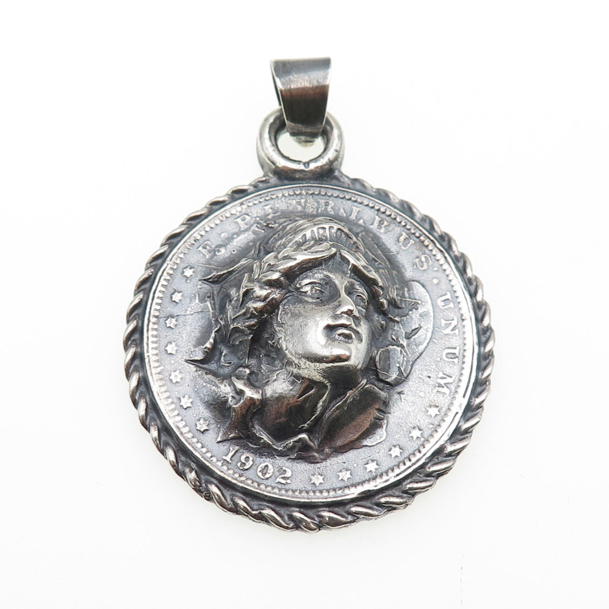 900 Silver Antique 1902 One Morgan Dollar Repousse Oxidized Charm Pendant