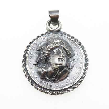 900 Silver Antique 1902 One Morgan Dollar Repousse Oxidized Charm Pendant