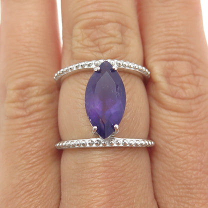 925 Sterling Silver Real Marquise-Cut Amethyst Granulated Ring Size 8.25