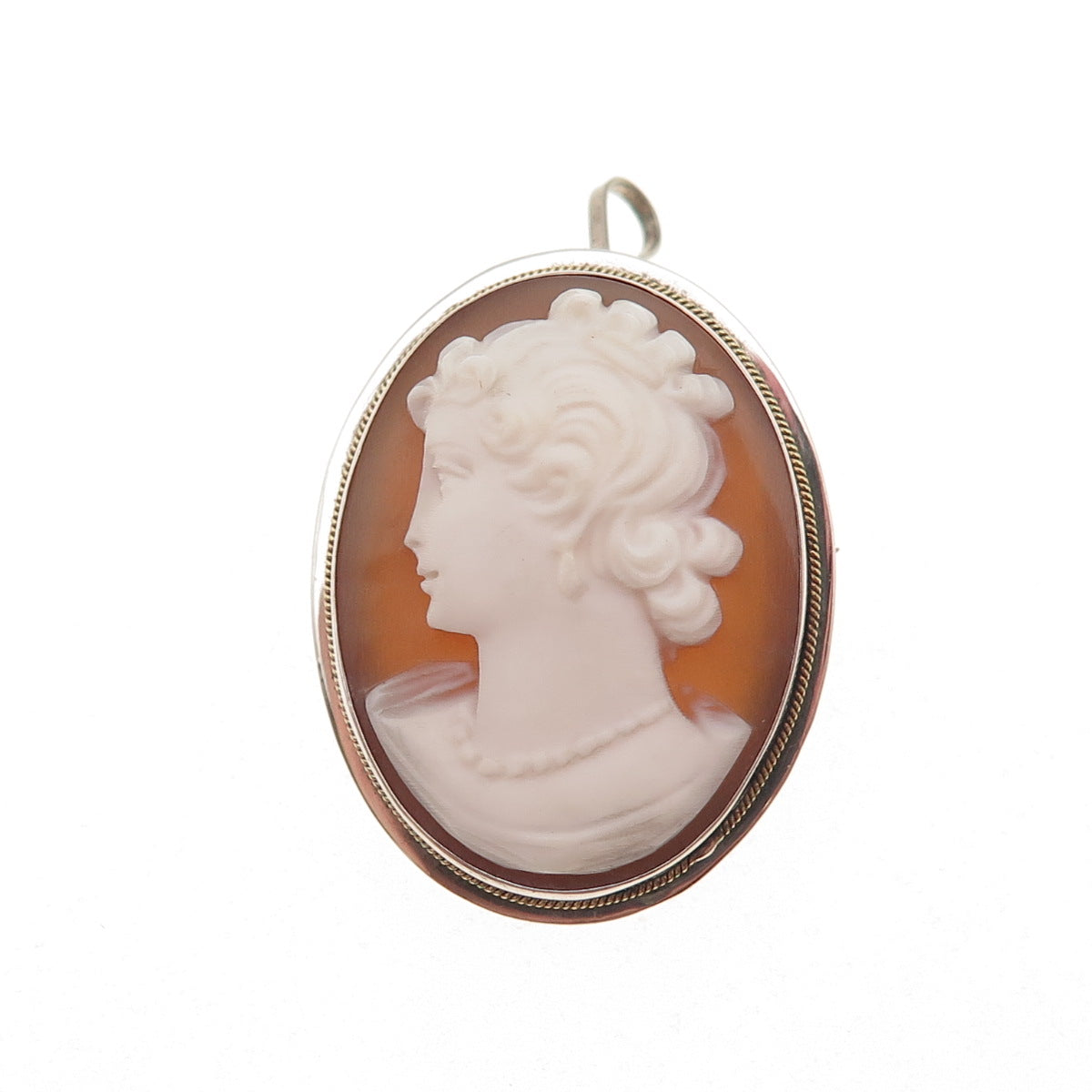 800 Silver 2-Tone Antique Art Deco Real MOP Lady Cameo Pin Brooch / Pendant