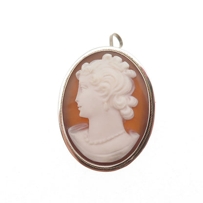 800 Silver 2-Tone Antique Art Deco Real MOP Lady Cameo Pin Brooch / Pendant